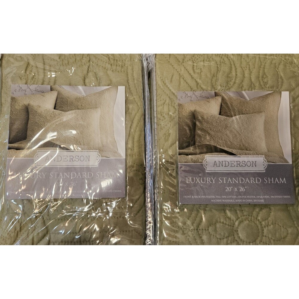 BRAND NEW Sage Green Set Of 2 Anderson Luxury Quilted Standard Pillow Shams Sham